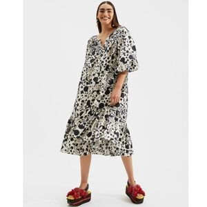 LA DoubleJ Folk Dress Black Print on‎ Ivory Midi Long Sleeve